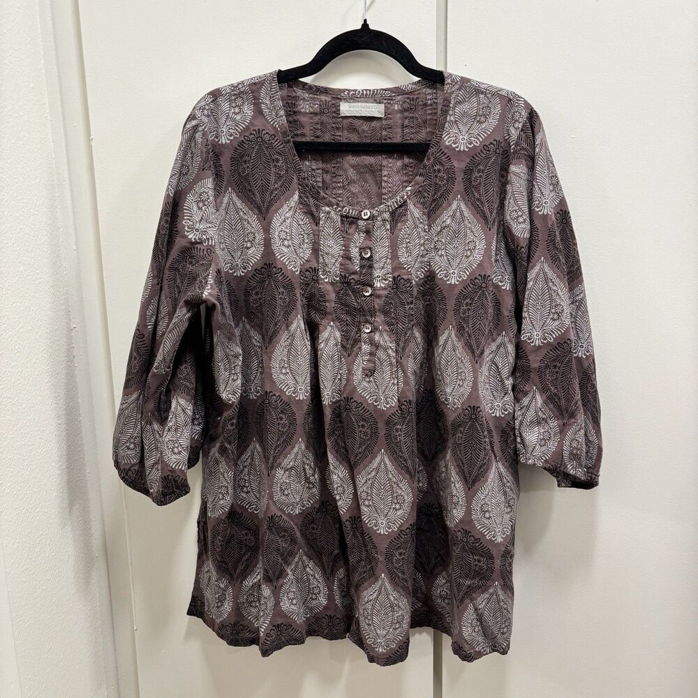 World Market Women’s Sz L/XL Boho Leaf Purple Abstract Block Print Blouse